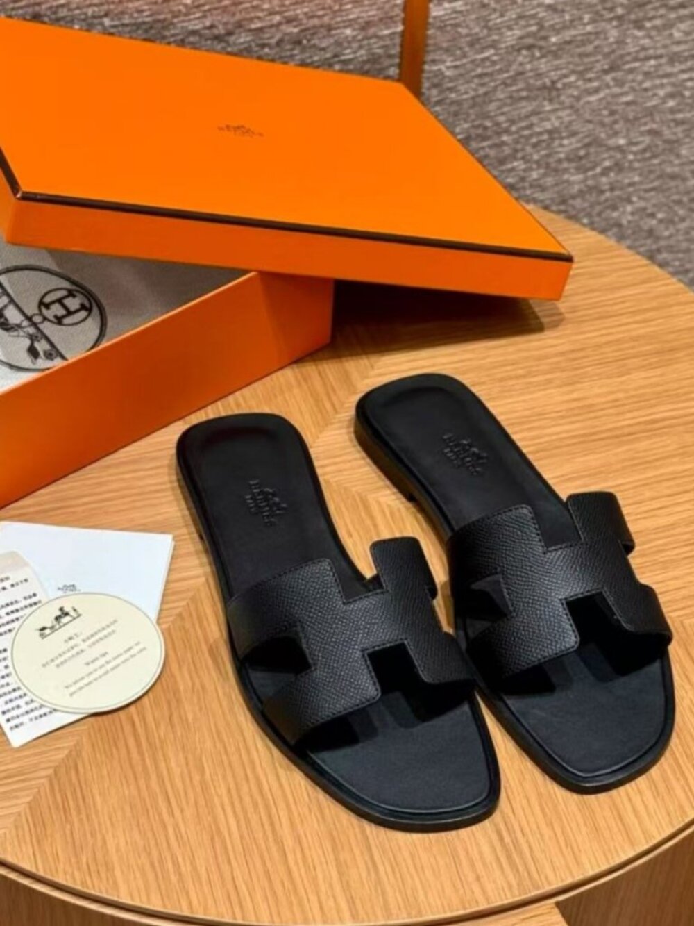 Hermes Oran Black Epsom Leather H‑Cut‑Out Flat Slide Sandals